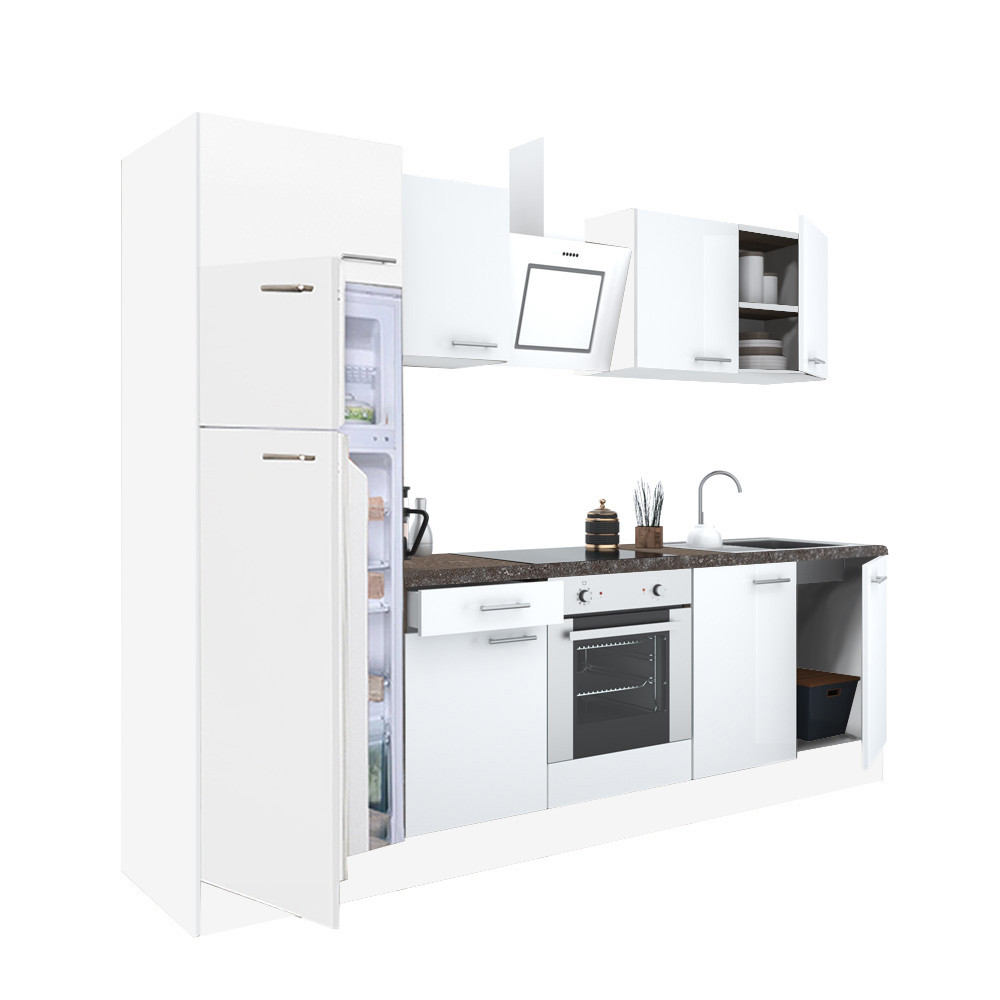 Yorki 270 konyhablokk fehér korpusz,selyemfényű fehér front alsó sütős elemmel felülfagyasztós hűtős szekrénnyel (HX)