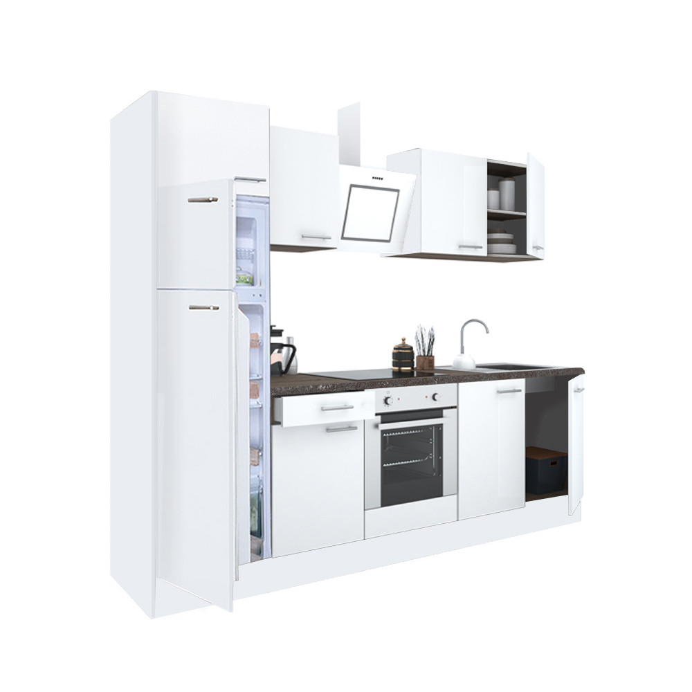 Yorki 280 konyhablokk fehér korpusz,selyemfényű fehér front alsó sütős elemmel felülfagyasztós hűtős szekrénnyel (HX)