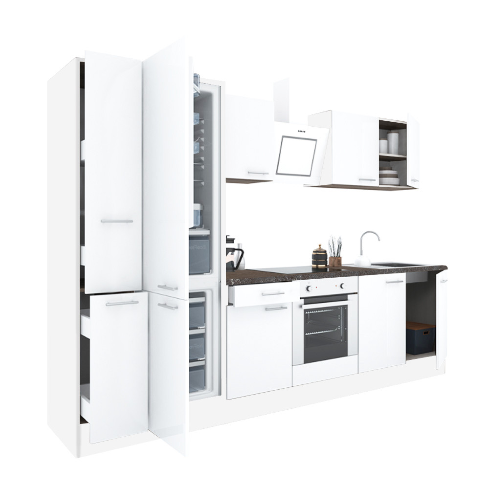 Yorki 300 konyhablokk fehér korpusz,selyemfényű fehér front alsó sütős elemmel alulfagyasztós hűtős szekrénnyel (HX)