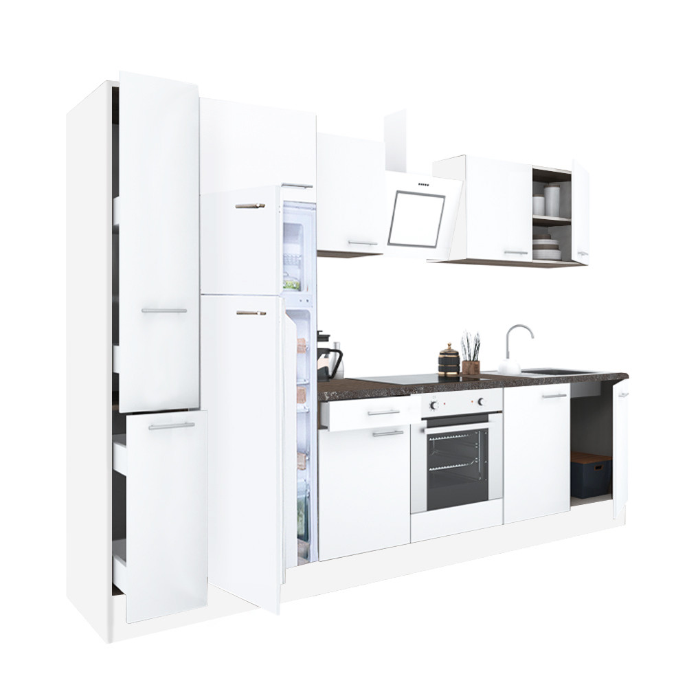 Yorki 300 konyhablokk fehér korpusz,selyemfényű fehér front alsó sütős elemmel felülfagyasztós hűtős szekrénnyel (HX)