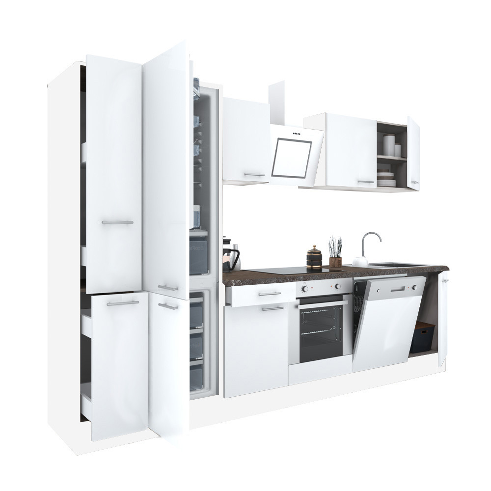 Yorki 310 konyhablokk fehér korpusz,selyemfényű fehér front alsó sütős elemmel alulfagyasztós hűtős szekrénnyel (HX)