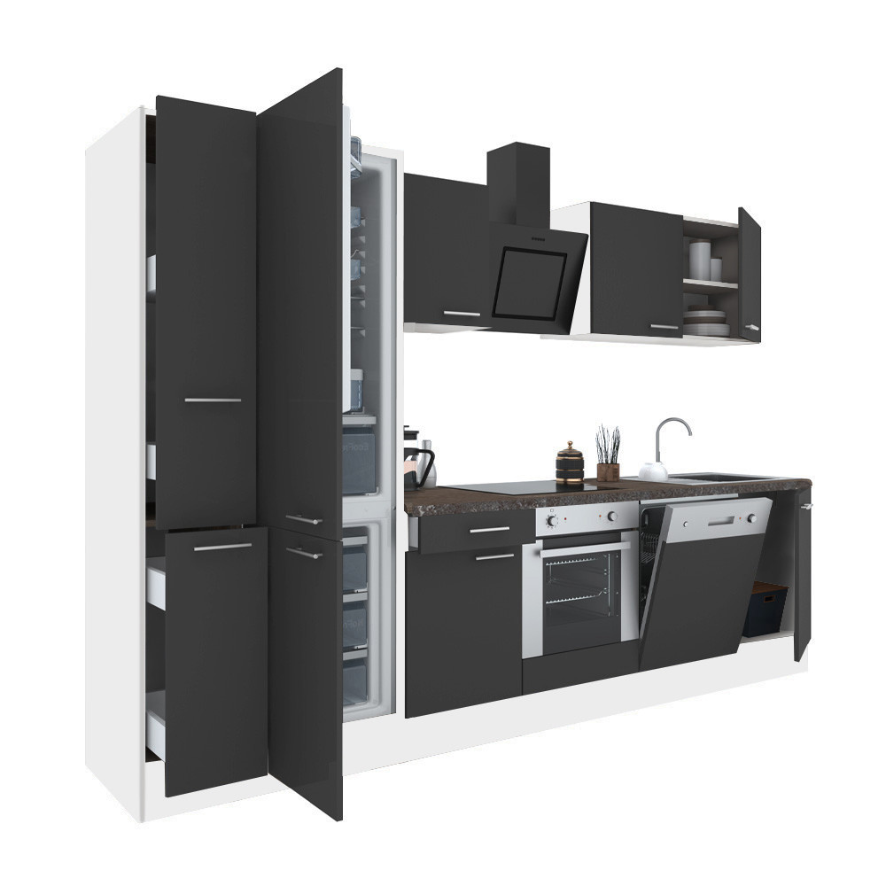Yorki 310 konyhablokk fehér korpusz,selyemfényű antracit front alsó sütős elemmel alulfagyasztós hűtős szekrénnyel (HX)