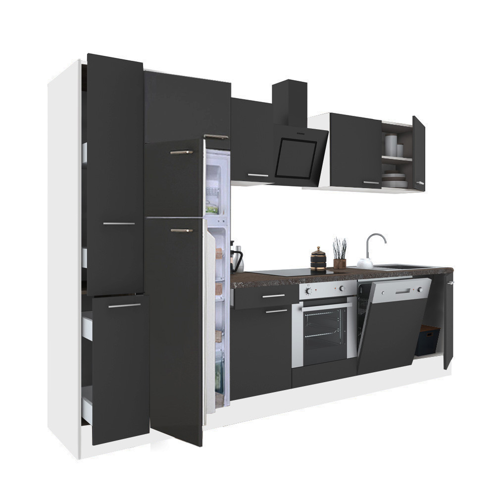 Yorki 310 konyhablokk fehér korpusz,selyemfényű antracit front alsó sütős elemmel felülfagyasztós hűtős szekrénnyel (HX)