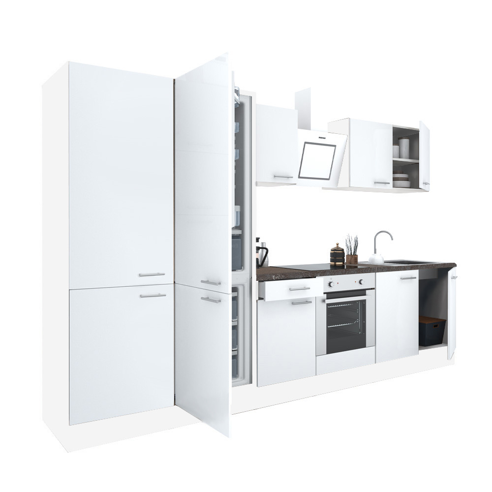 Yorki 330 konyhablokk fehér korpusz,selyemfényű fehér front alsó sütős elemmel polcos szekrénnyel és alulfagyasztós hűtős szekrénnyel (HX)