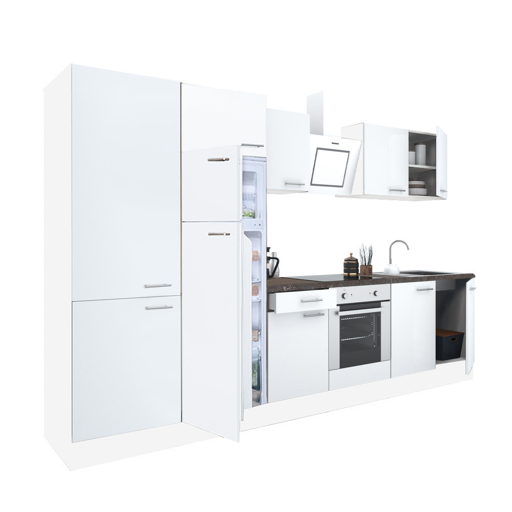 Yorki 330 konyhablokk fehér korpusz,selyemfényű fehér front alsó sütős elemmel polcos szekrénnyel és felülfagyasztós hűtős szekrénnyel (HX)