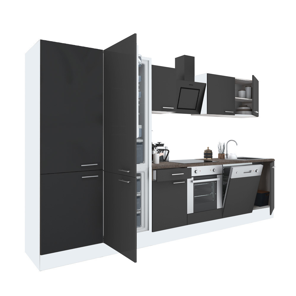 Yorki 330 konyhablokk fehér korpusz,selyemfényű antracit front alsó sütős elemmel polcos szekrénnyel és alulfagyasztós hűtős szekrénnyel (HX)