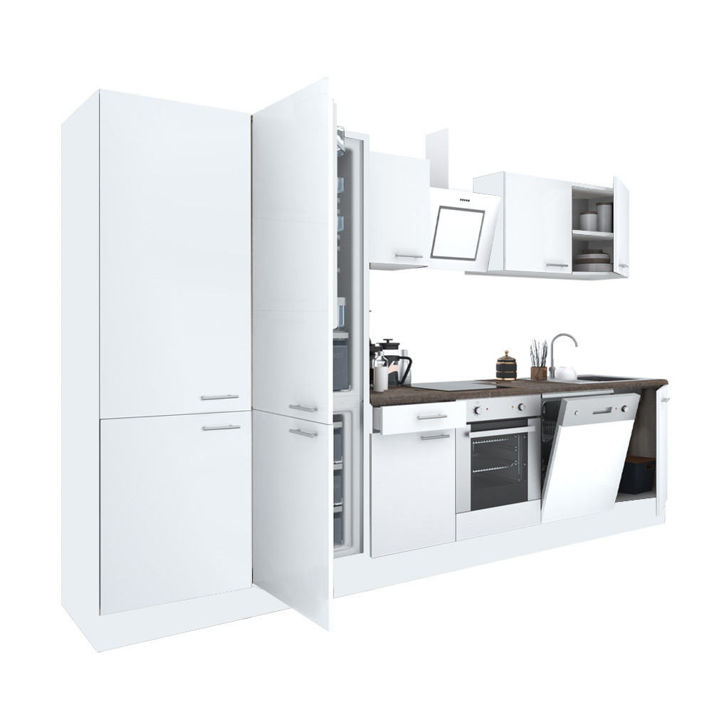 Yorki 340 konyhablokk fehér korpusz,selyemfényű fehér front alsó sütős elemmel polcos szekrénnyel és alulfagyasztós hűtős szekrénnyel (HX)