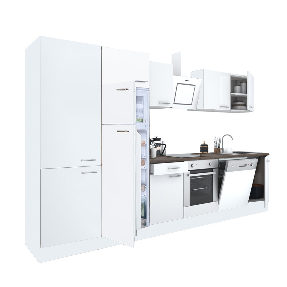 Yorki 340 konyhablokk fehér korpusz,selyemfényű fehér front alsó sütős elemmel polcos szekrénnyel és felülfagyasztós hűtős szekrénnyel (HX)
