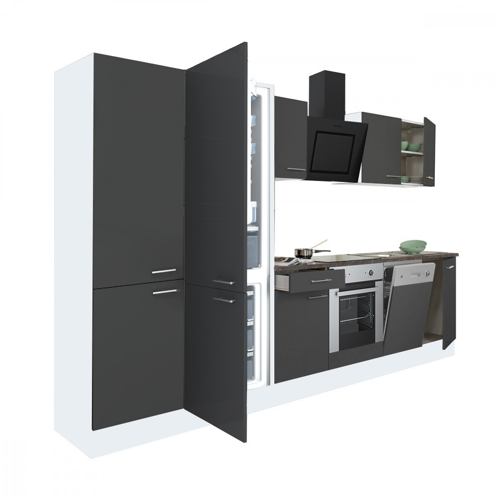 Yorki 340 konyhablokk fehér korpusz,selyemfényű antracit front alsó sütős elemmel polcos szekrénnyel és alulfagyasztós hűtős szekrénnyel (HX)