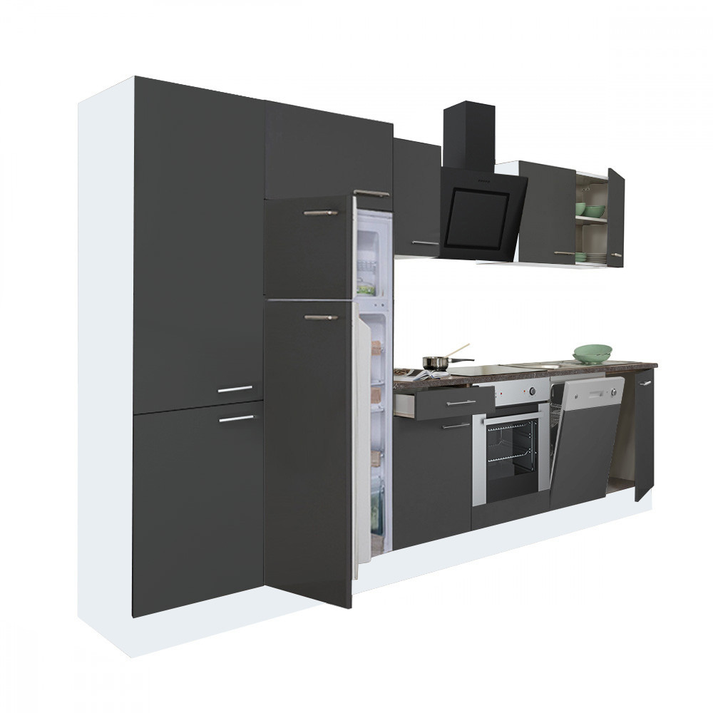 Yorki 340 konyhablokk fehér korpusz,selyemfényű antracit front alsó sütős elemmel polcos szekrénnyel és felülfagyasztós hűtős szekrénnyel (HX)