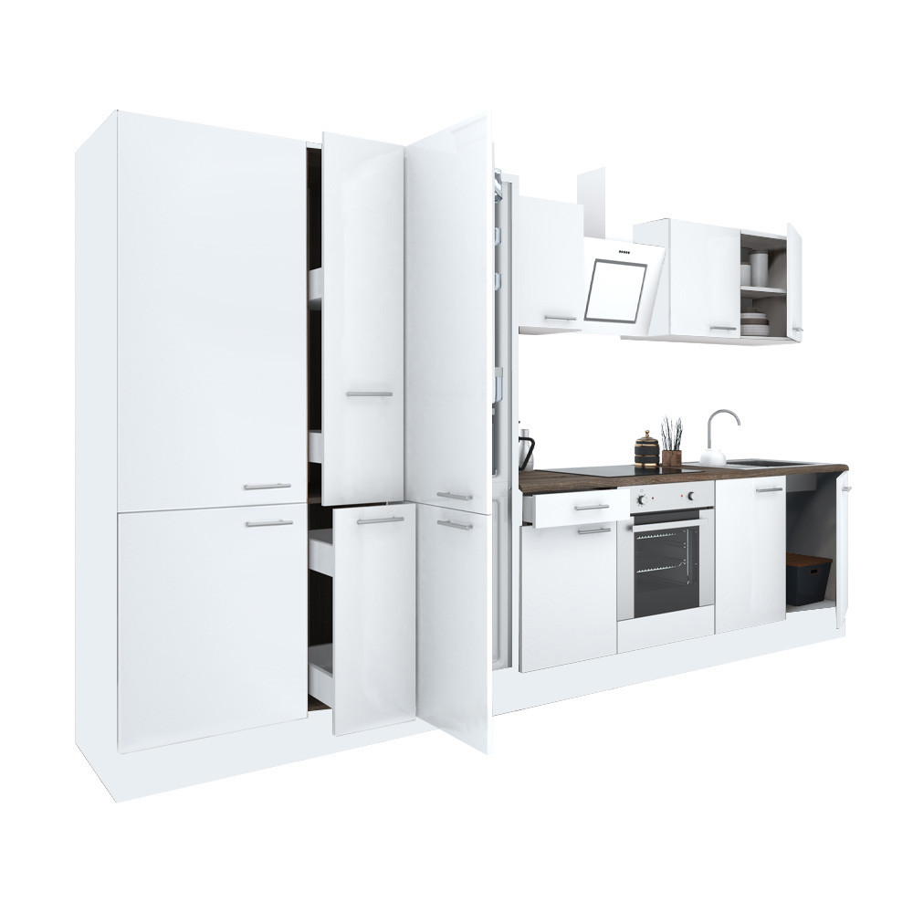 Yorki 360 konyhablokk fehér korpusz,selyemfényű fehér front alsó sütős elemmel polcos szekrénnyel és alulfagyasztós hűtős szekrénnyel (HX)