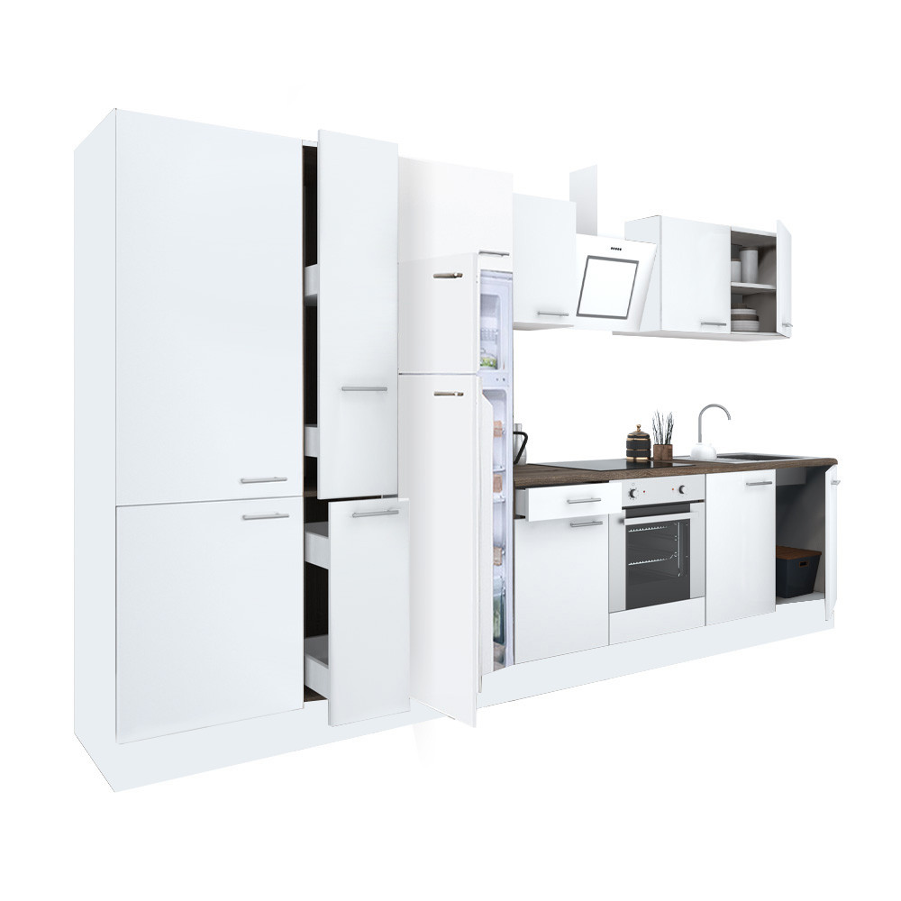 Yorki 360 konyhablokk fehér korpusz,selyemfényű fehér front alsó sütős elemmel polcos szekrénnyel és felülfagyasztós hűtős szekrénnyel (HX)