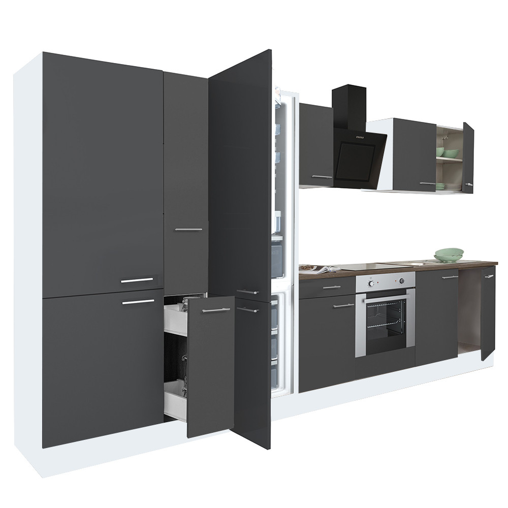 Yorki 360 konyhablokk fehér korpusz,selyemfényű antracit front alsó sütős elemmel polcos szekrénnyel és alulfagyasztós hűtős szekrénnyel (HX)