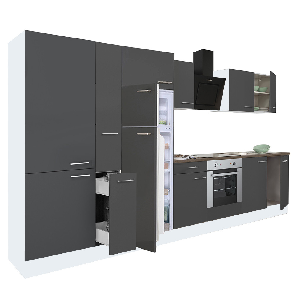 Yorki 360 konyhablokk fehér korpusz,selyemfényű antracit front alsó sütős elemmel polcos szekrénnyel és felülfagyasztós hűtős szekrénnyel (HX)