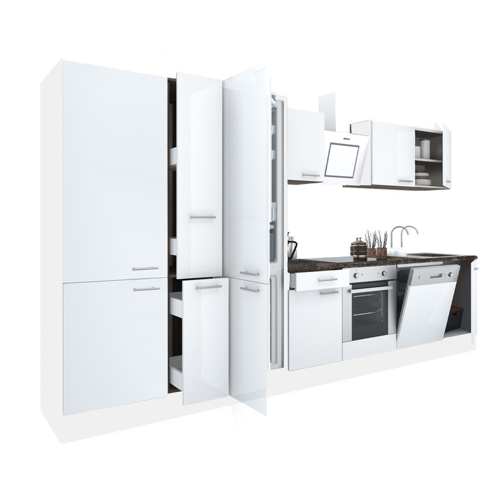 Yorki 370 konyhablokk fehér korpusz,selyemfényű fehér front alsó sütős elemmel polcos szekrénnyel és alulfagyasztós hűtős szekrénnyel (HX)