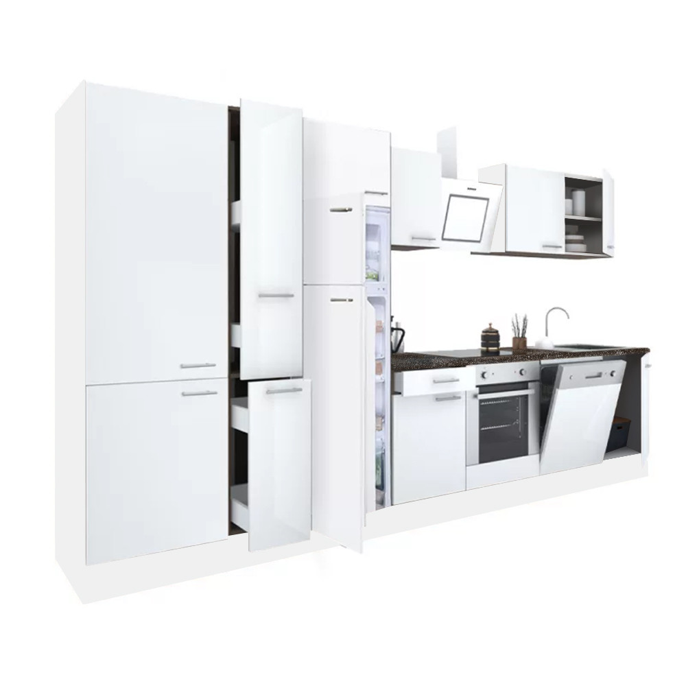 Yorki 370 konyhablokk fehér korpusz,selyemfényű fehér front alsó sütős elemmel polcos szekrénnyel és felülfagyasztós hűtős szekrénnyel (HX)