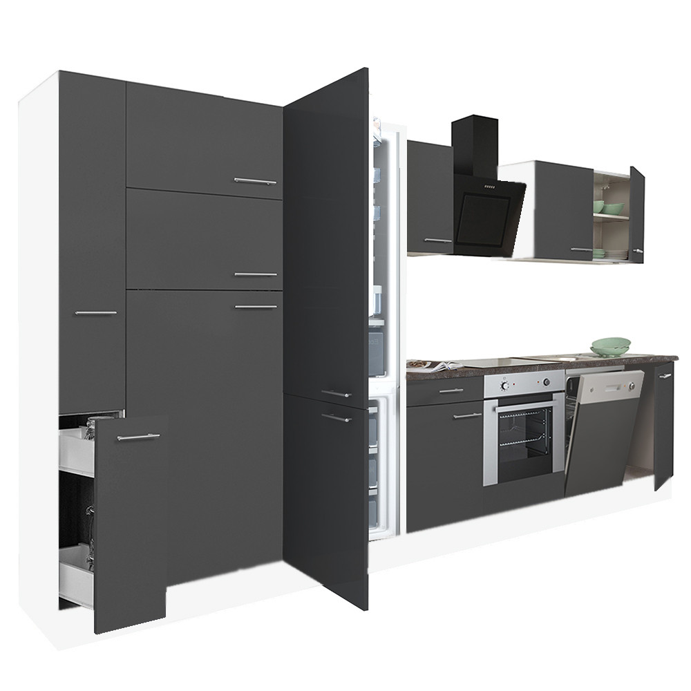 Yorki 370 konyhablokk fehér korpusz,selyemfényű antracit front alsó sütős elemmel polcos szekrénnyel és alulfagyasztós hűtős szekrénnyel (HX)