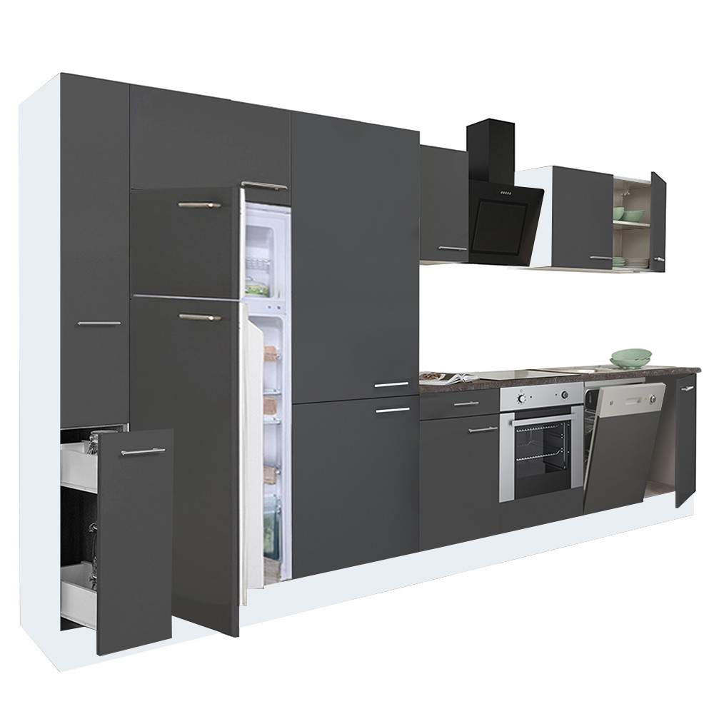 Yorki 370 konyhablokk fehér korpusz,selyemfényű antracit front alsó sütős elemmel polcos szekrénnyel és felülfagyasztós hűtős szekrénnyel (HX)