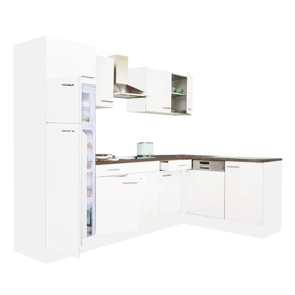 Yorki 280 sarok konyhablokk fehér korpusz,selyemfényű fehér fronttal felülfagyasztós hűtős szekrénnyel (HX)