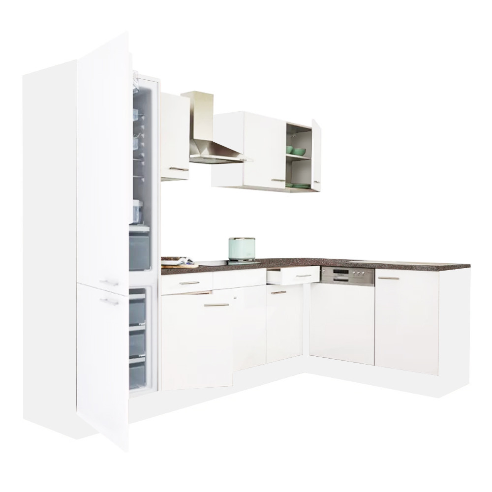 Yorki 280 sarok konyhablokk fehér korpusz,selyemfényű fehér fronttal alulagyasztós hűtős szekrénnyel (HX)