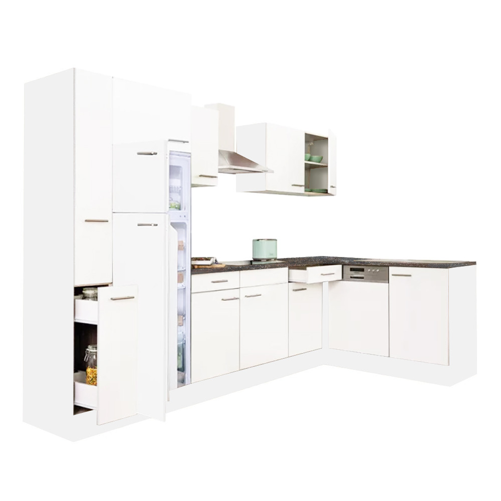 Yorki 310 sarok konyhablokk fehér korpusz,selyemfényű fehér fronttal felülfagyasztós hűtős szekrénnyel (HX)
