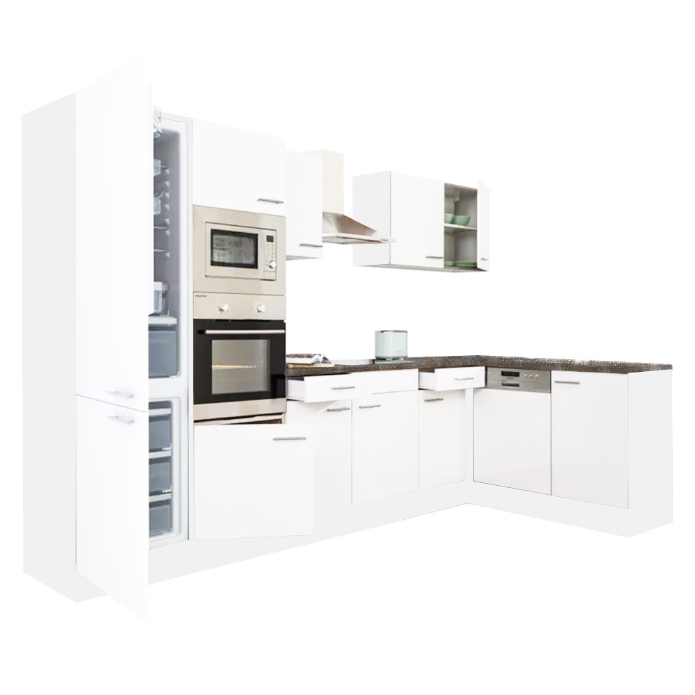 Yorki 340 sarok konyhablokk fehér korpusz,selyemfényű fehér fronttal alulagyasztós hűtős szekrénnyel (HX)