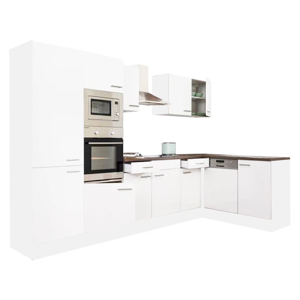Yorki 340 sarok konyhablokk fehér korpusz,selyemfényű fehér fronttal polcos szekrénnyel (HX)