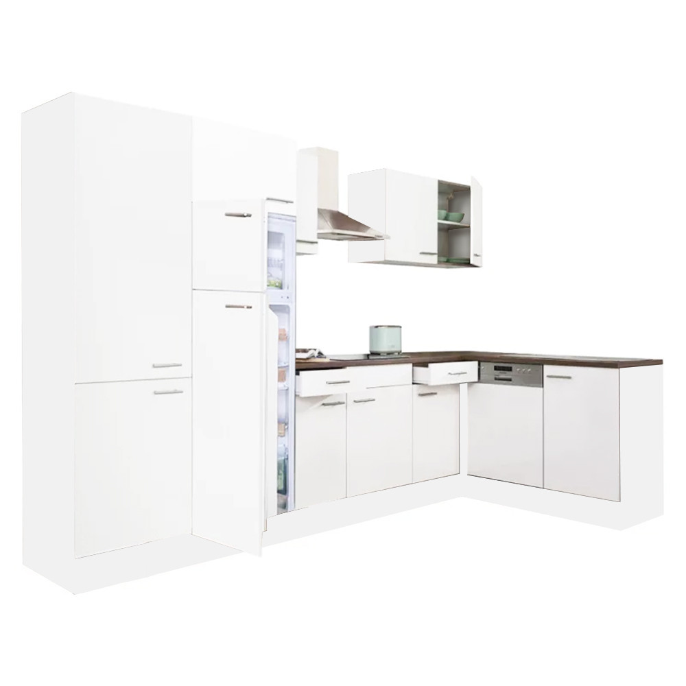 Yorki 340 sarok konyhablokk fehér korpusz,selyemfényű fehér fronttal polcos szekrénnyel és felülfagyasztós hűtős szekrénnyel (HX)