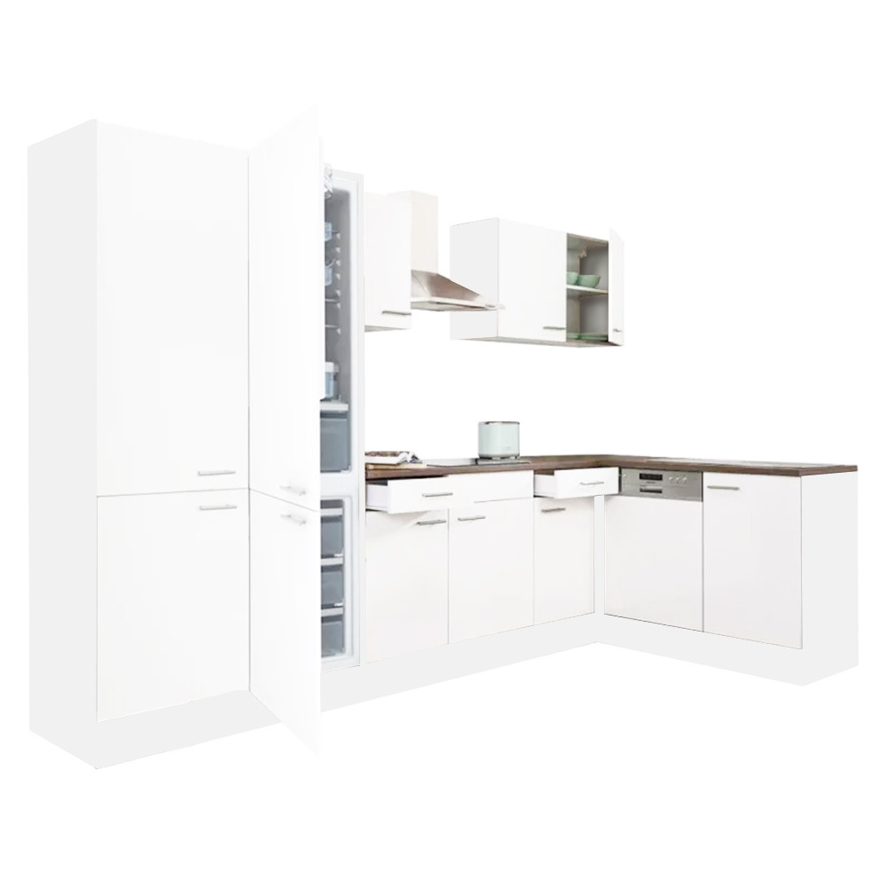 Yorki 340 sarok konyhablokk fehér korpusz,selyemfényű fehér fronttal polcos szekrénnyel és alulfagyasztós hűtős szekrénnyel (HX)