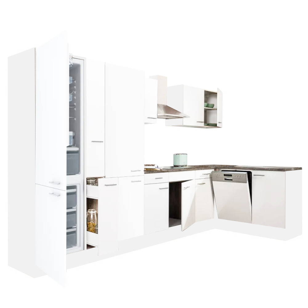 Yorki 370 sarok konyhablokk fehér korpusz,selyemfényű fehér fronttal polcos szekrénnyel és alulfagyasztós hűtős szekrénnyel (HX)