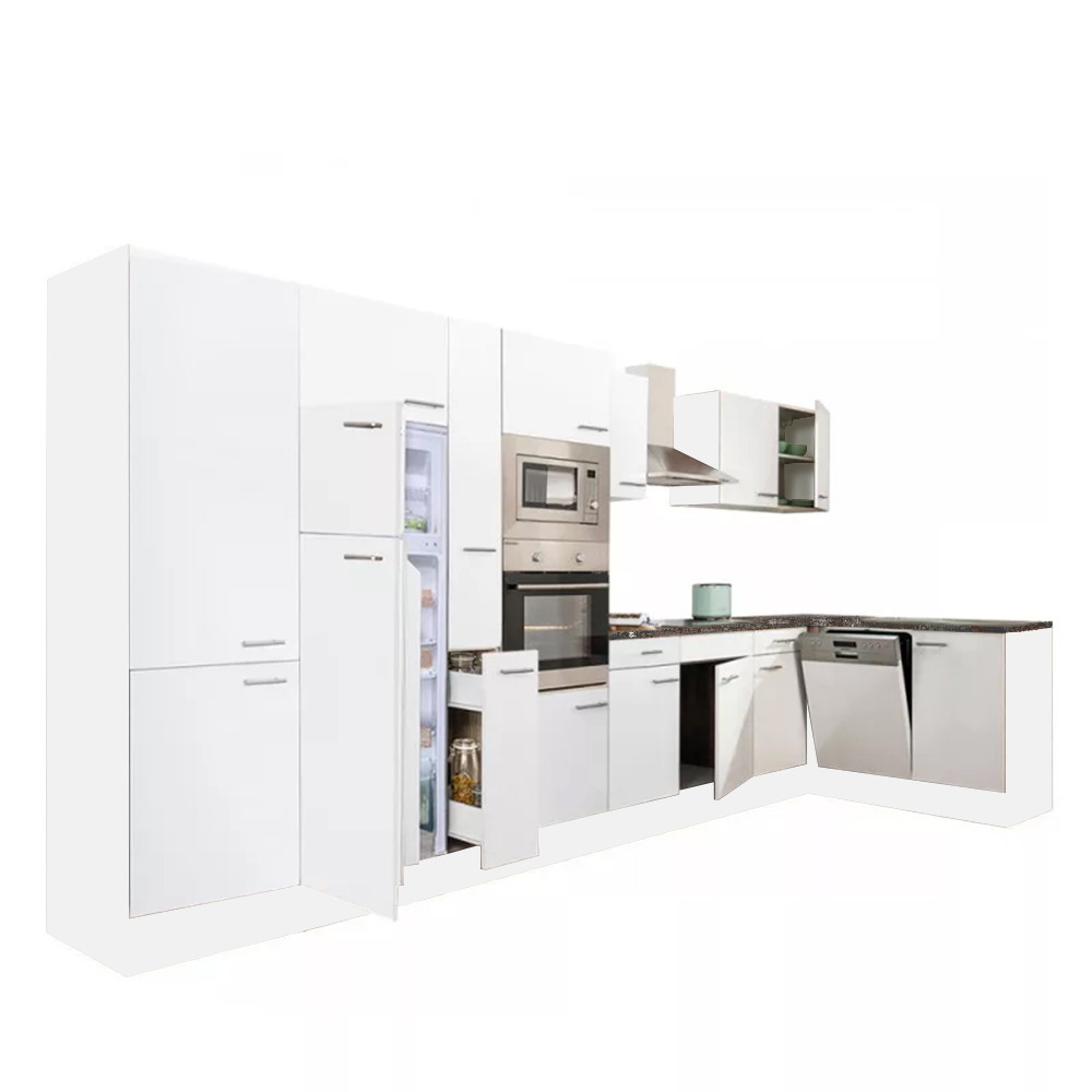 Yorki 430 sarok konyhablokk fehér korpusz,selyemfényű fehér fronttal felülfagyasztós hűtős szekrénnyel (HX)