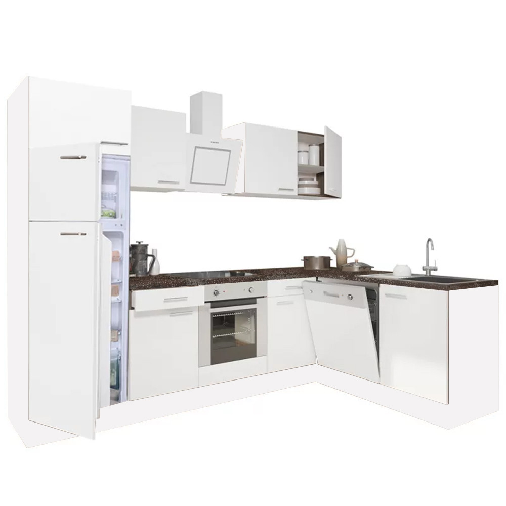 Yorki 280 sarok konyhablokk fehér korpusz,selyemfényű fehér front alsó sütős elemmel felülfagyasztós hűtős szekrénnyel (HX)