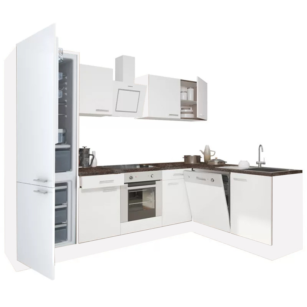 Yorki 280 sarok konyhablokk fehér korpusz,selyemfényű fehér front alsó sütős elemmel alulagyasztós hűtős szekrénnyel (HX)