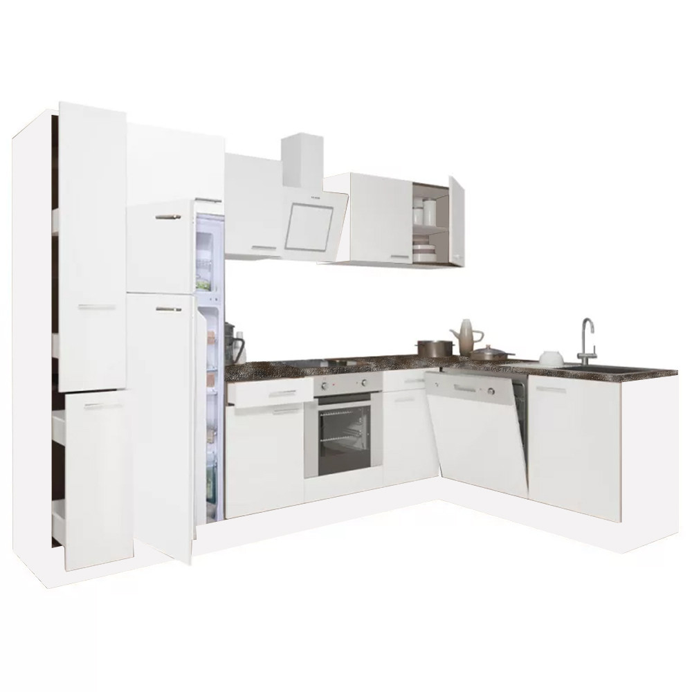 Yorki 310sarok konyhablokk fehér korpusz,selyemfényű fehér front alsó sütős elemmel felülfagyasztós hűtős szekrénnyel (HX)