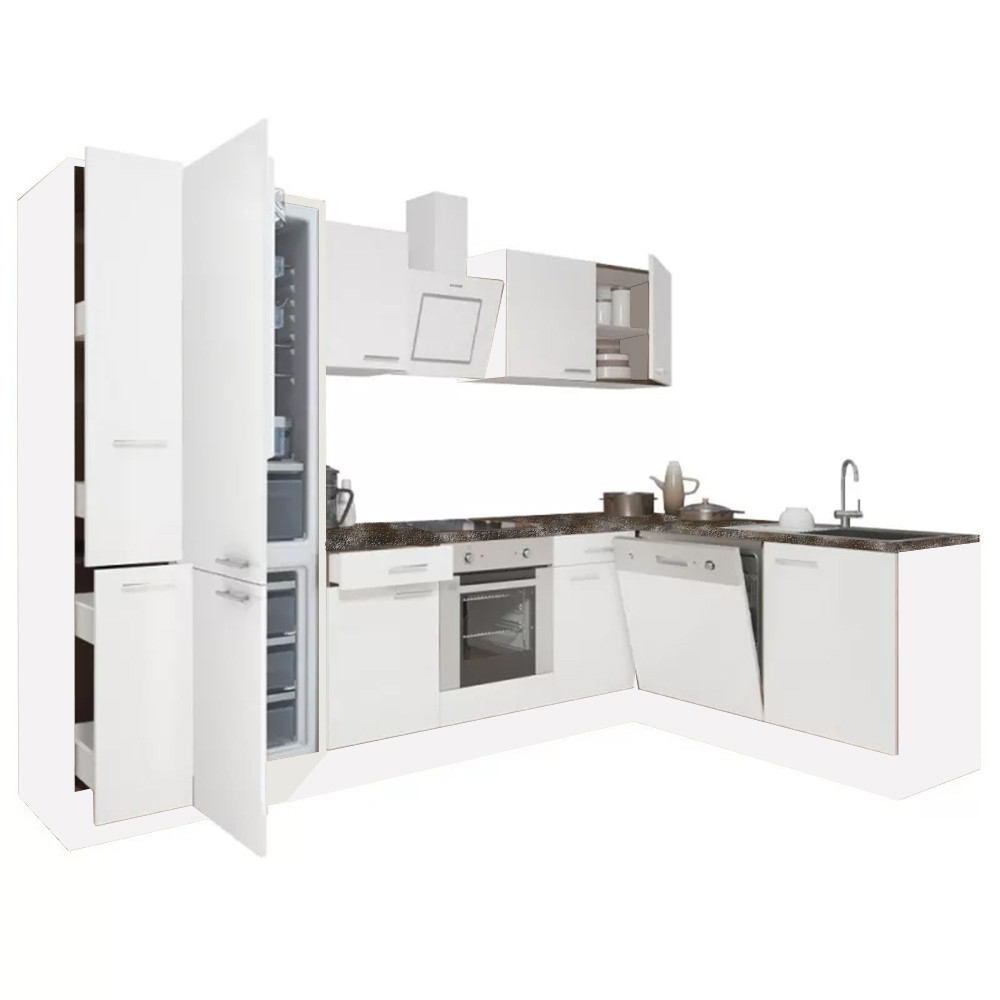 Yorki 310 sarok konyhablokk fehér korpusz,selyemfényű fehér front alsó sütős elemmel alulagyasztós hűtős szekrénnyel (HX)