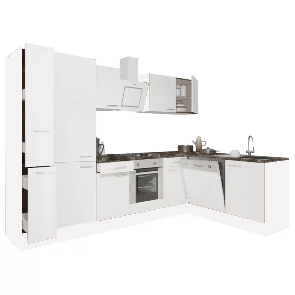 Yorki 310 sarok konyhablokk fehér korpusz,selyemfényű fehér front alsó sütős elemmel polcos szekrénnyel (HX)