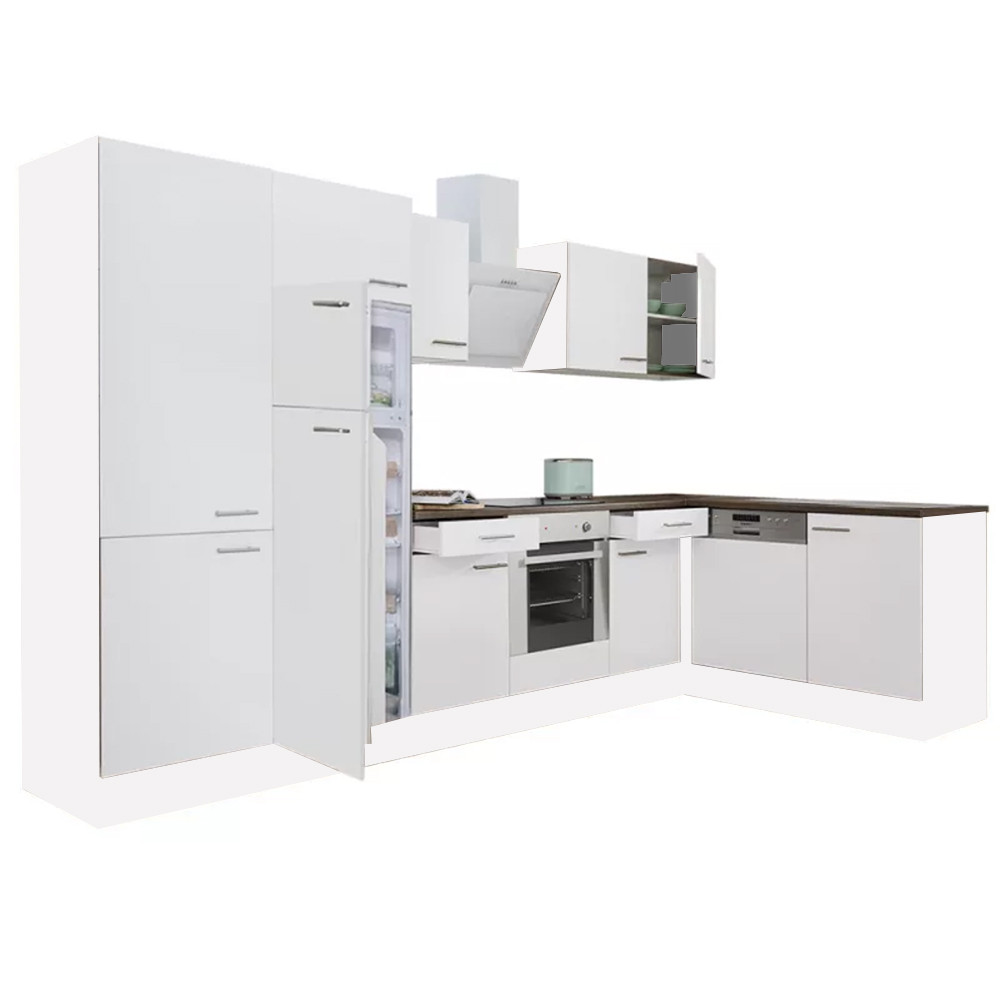 Yorki 340 sarok konyhablokk fehér korpusz,selyemfényű fehér front alsó sütős elemmel polcos szekrénnyel, felülfagyasztós hűtős szekrénnyel (HX)