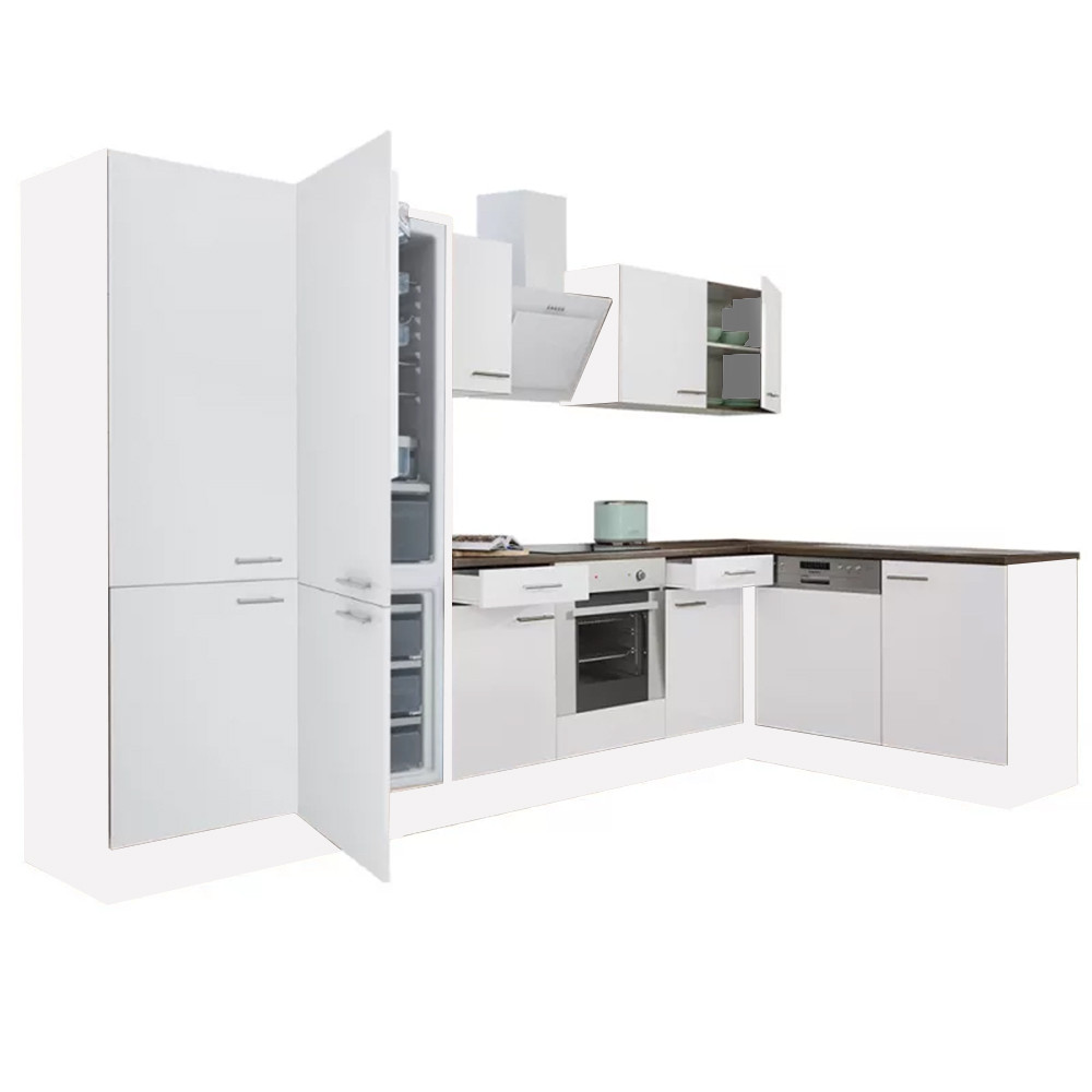 Yorki 340 sarok konyhablokk fehér korpusz,selyemfényű fehér front alsó sütős elemmel polcos szekrénnyel, alulfagyasztós hűtős szekrénnyel (HX)
