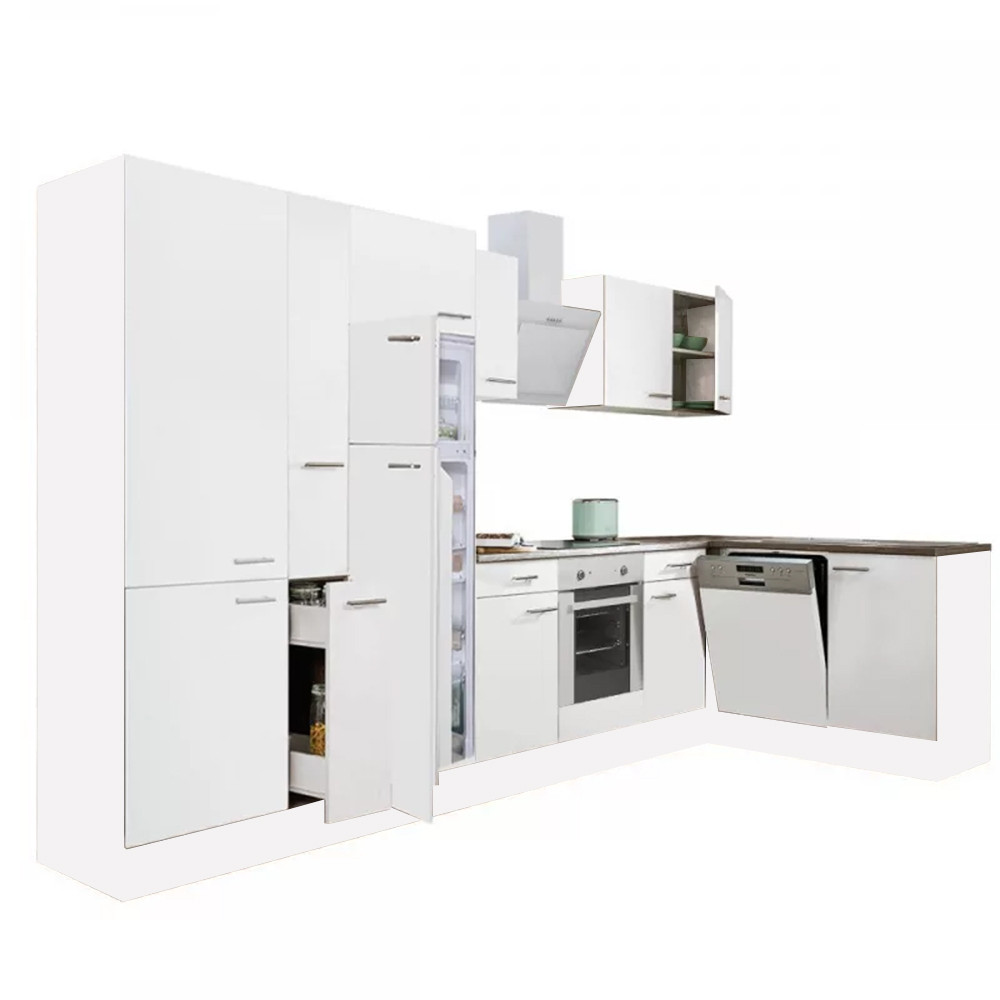 Yorki 370 sarok konyhablokk fehér korpusz,selyemfényű fehér front alsó sütős elemmel polcos szekrénnyel, felülfagyasztós hűtős szekrénnyel (HX)