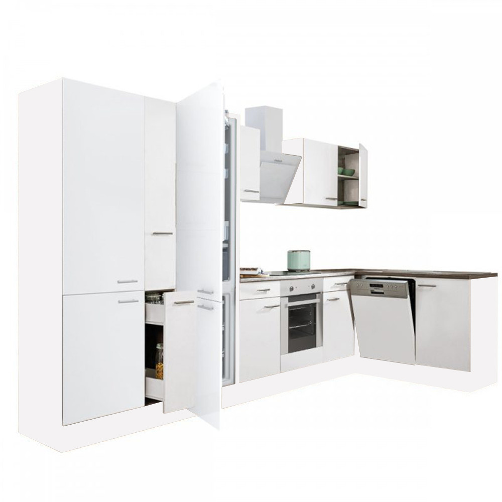 Yorki 370 sarok konyhablokk fehér korpusz,selyemfényű fehér front alsó sütős elemmel polcos szekrénnyel, alulfagyasztós hűtős szekrénnyel (HX)