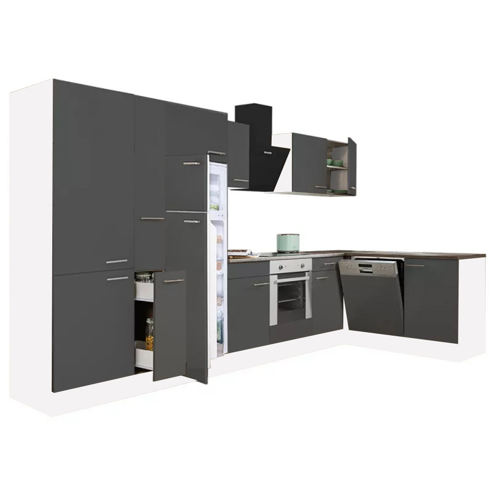 Yorki 370 sarok konyhablokk fehér korpusz,selyemfényű antracit front alsó sütős elemmel polcos szekrénnyel, felülfagyasztós hűtős szekrénnyel (HX)