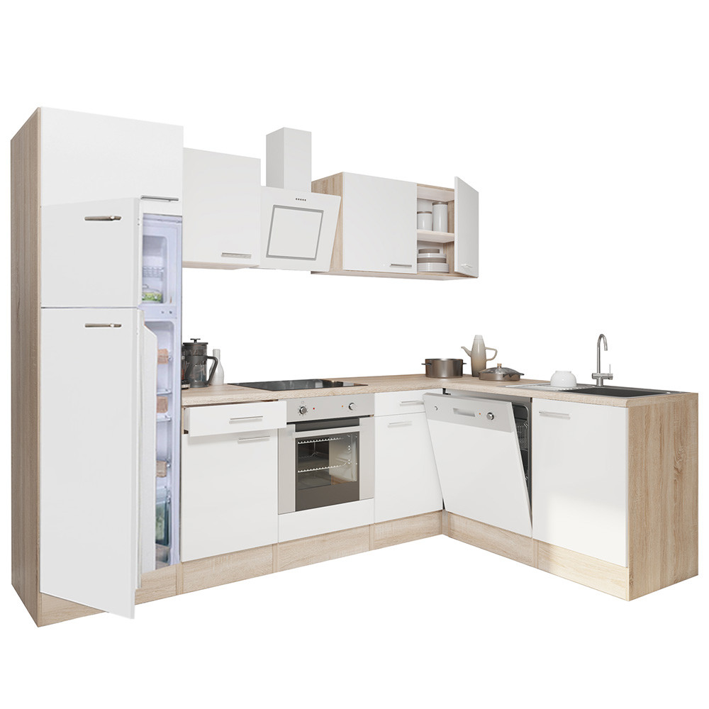 Yorki 280 sarok konyhabútor sonoma tölgy korpusz,selyemfényű fehér front alsó sütős elemmel felülfagyasztós hűtős szekrénnyel (HX)