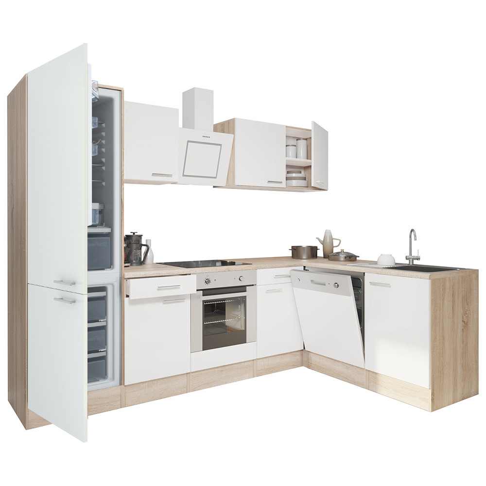 Yorki 280 sarok konyhabútor sonoma tölgy korpusz,selyemfényű fehér front alsó sütős elemmel alulagyasztós hűtős szekrénnyel (HX)