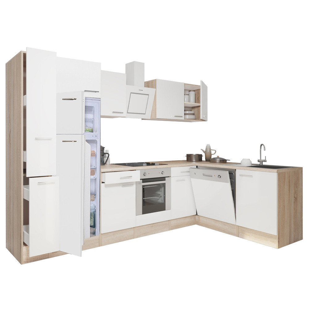 Yorki 310sarok konyhabútor sonoma tölgy korpusz,selyemfényű fehér front alsó sütős elemmel felülfagyasztós hűtős szekrénnyel (HX)