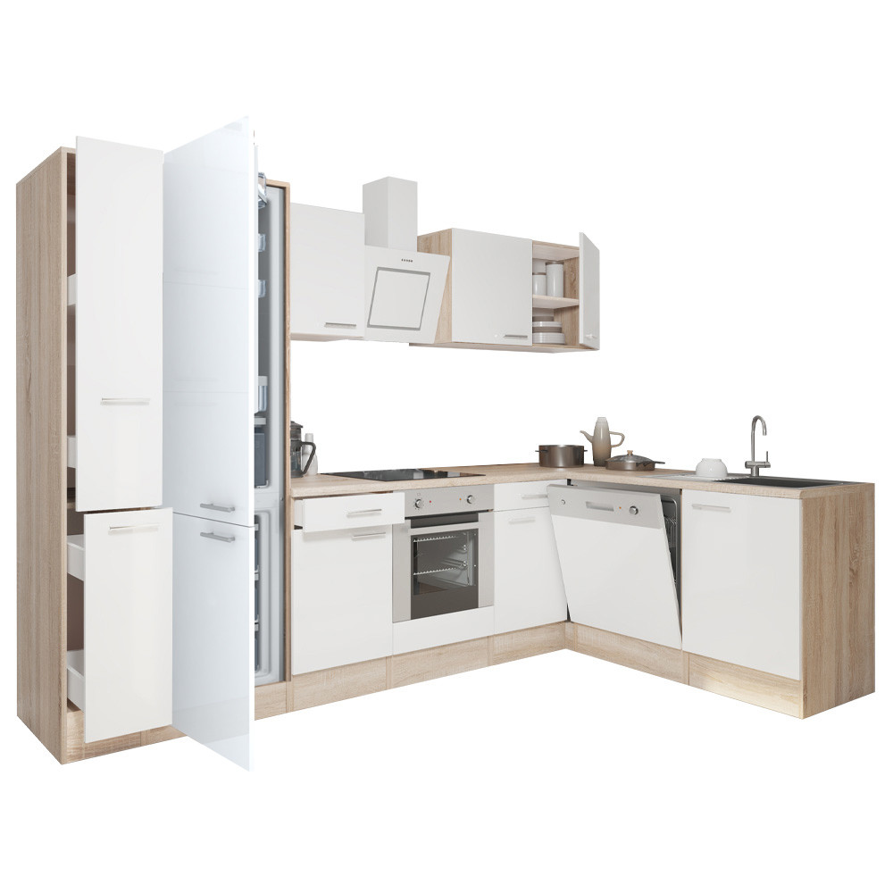 Yorki 310 sarok konyhabútor sonoma tölgy korpusz,selyemfényű fehér front alsó sütős elemmel alulagyasztós hűtős szekrénnyel (HX)