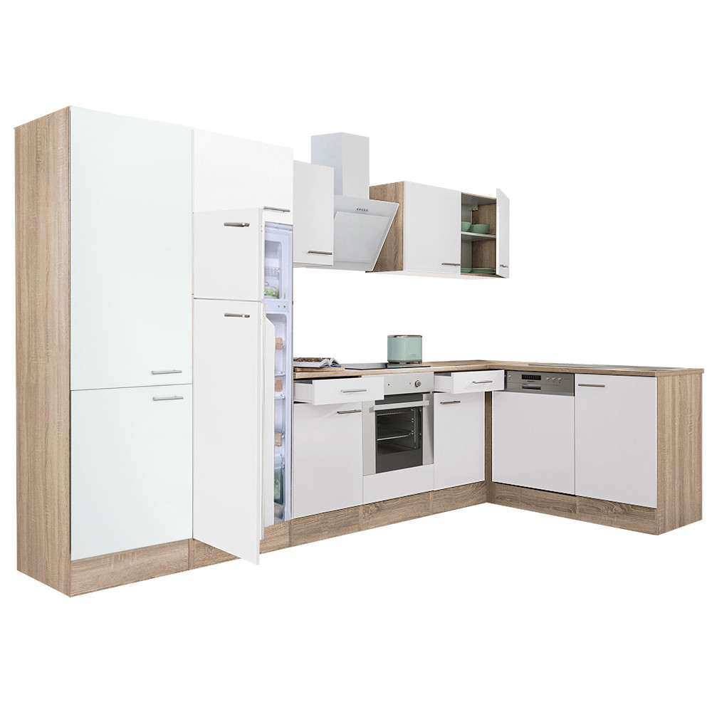 Yorki 340 sarok konyhabútor sonoma tölgy korpusz,selyemfényű fehér front alsó sütős elemmel polcos szekrénnyel, felülfagyasztós hűtős szekrénnyel (HX)