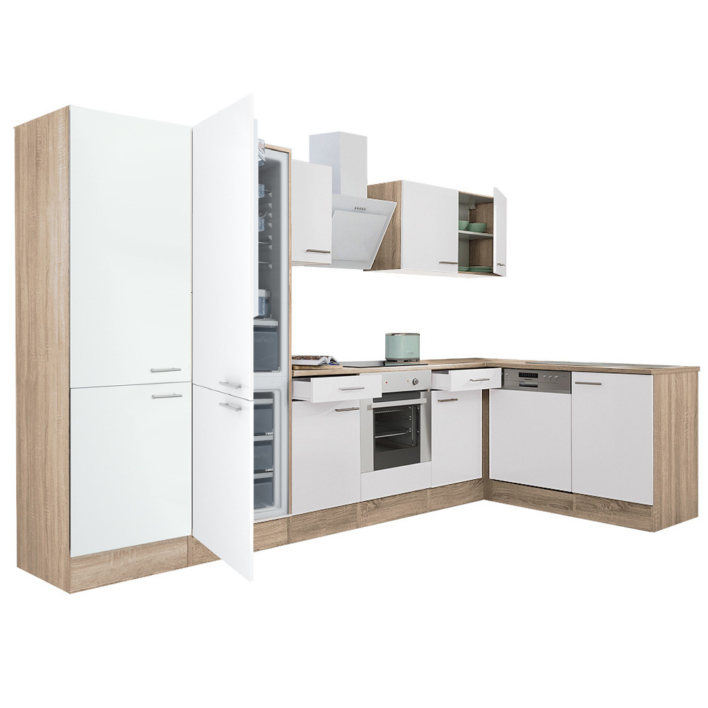 Yorki 340 sarok konyhabútor sonoma tölgy korpusz,selyemfényű fehér front alsó sütős elemmel polcos szekrénnyel, alulfagyasztós hűtős szekrénnyel (HX)
