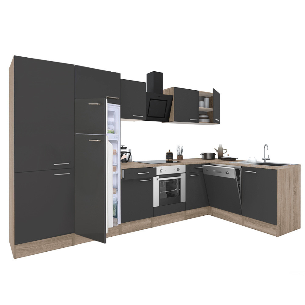 Yorki 340 sarok konyhabútor sonoma tölgy korpusz,selyemfényű antracit front alsó sütős elemmel polcos szekrénnyel, felülfagyasztós hűtős szekrénnyel (HX)