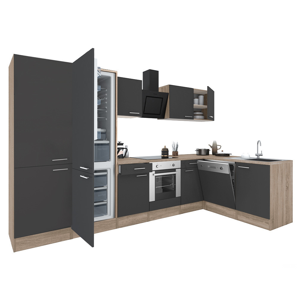 Yorki 340 sarok konyhabútor sonoma tölgy korpusz,selyemfényű antracit front alsó sütős elemmel polcos szekrénnyel, alulfagyasztós hűtős szekrénnyel (HX)