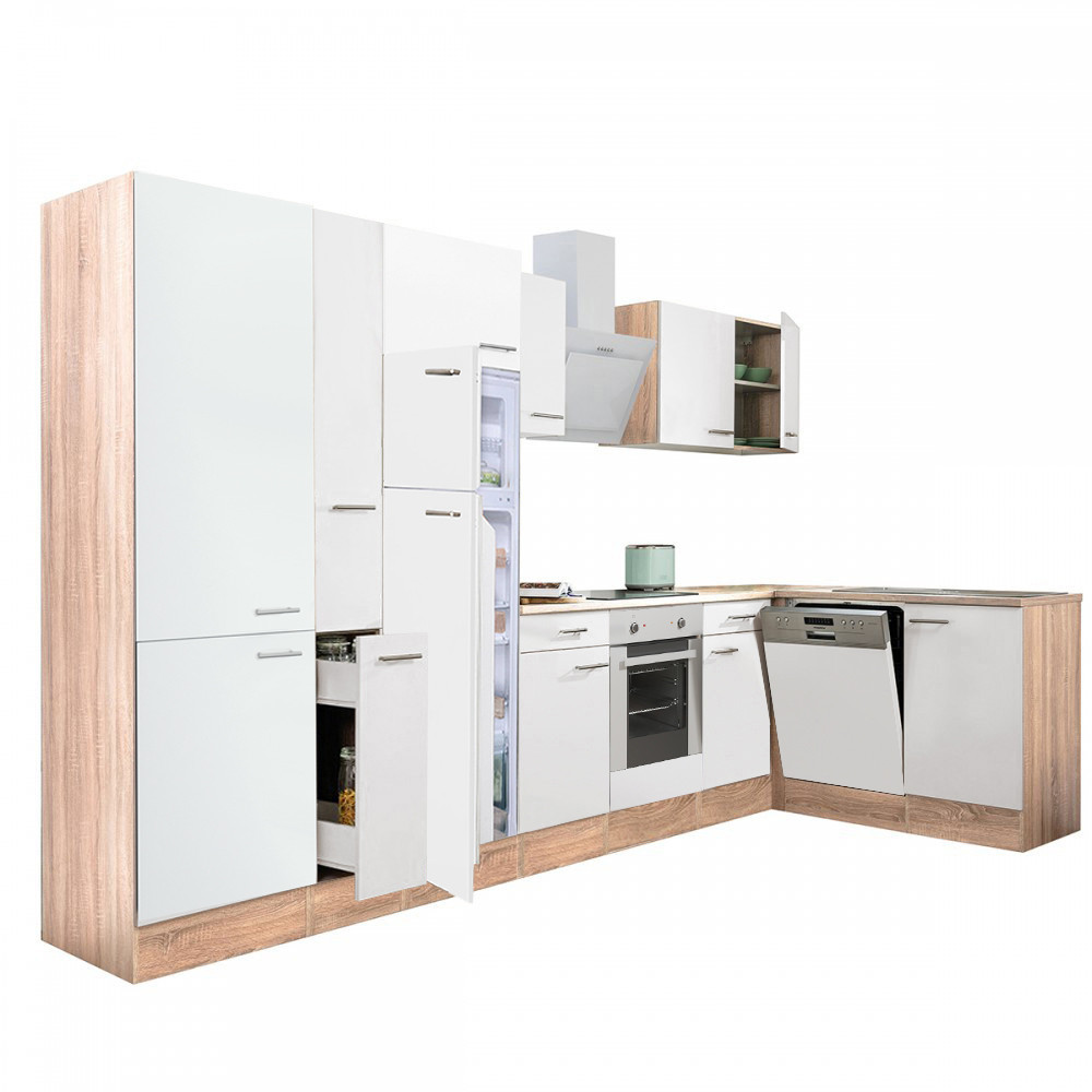 Yorki 370 sarok konyhabútor sonoma tölgy korpusz,selyemfényű fehér front alsó sütős elemmel polcos szekrénnyel, felülfagyasztós hűtős szekrénnyel (HX)